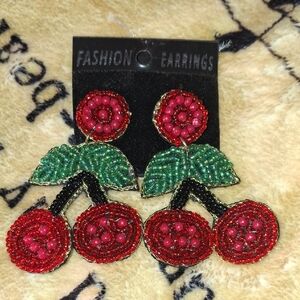 Fashion Earrings Red and Green Beaded Cherry Earrings